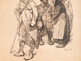 an old drawing of a group of people standing around each other
