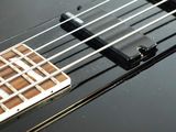 a close up of a bass guitar with a white background