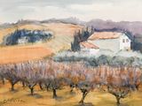 a painting of a house in the middle of a field