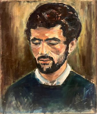 tableau représentant un homme barbu vêtu d'un pull noir