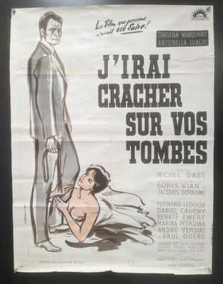 french movie poster of a man in a suit and woman in a white dress