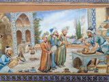 a picture of a painting of a group of people in a courtyard