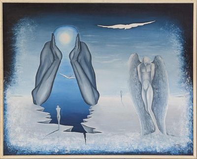 tableau représentant deux mains tenant un ange au-dessus d'une étendue d'eau, avec un oiseau volant au-dessus