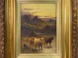tableau représentant des vaches dans un paysage montagneux, avec des montagnes en arrière-plan