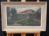 an oil painting of a house on a easel with a black background
