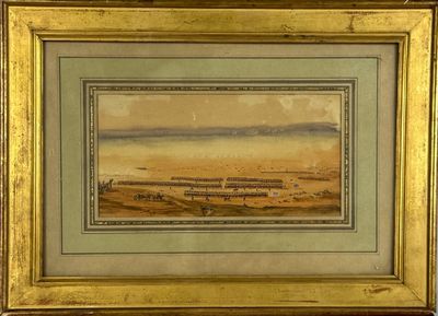 une vieille photo représentant un tableau représentant une ville, dans un cadre doré