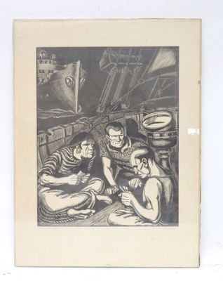 a drawing of a group of people sitting around a table