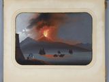 une image représentant un tableau où l'on voit un volcan en éruption surgissant de l'océan