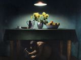 a painting of a dog under a table with sunflowers on it