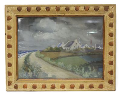 an oil painting of a road leading to a house on a hill