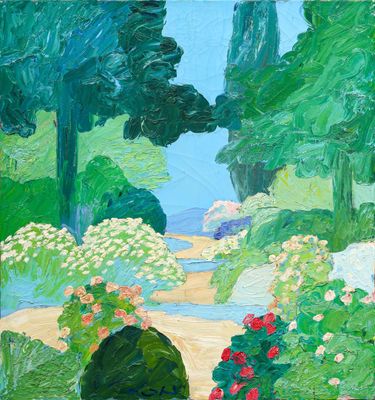 une peinture à l'huile représentant une scène de jardin avec des fleurs et des arbres