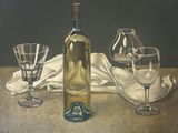 une peinture représentant une bouteille de vin et deux verres posés sur une table