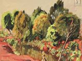 une peinture à l'huile représentant des arbres dans un champ au bord d'une rivière