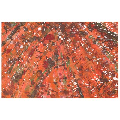 une peinture abstraite représentant des feuilles orange et vertes sur fond blanc