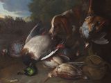 a painting of a dog with a bunch of dead birds on the ground