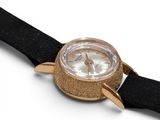 a close up of a watch on a black strap