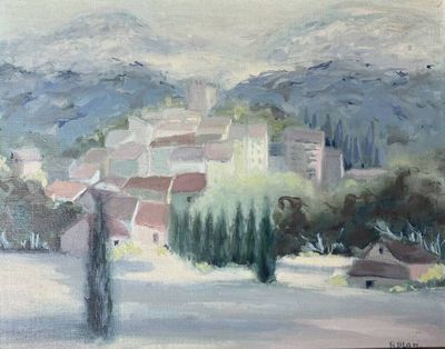 an oil painting of a village in the mountains with a tree in the foreground