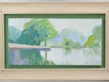 an oil painting of a lake with trees in the background