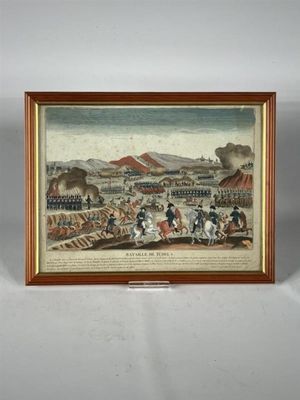 une vieille photo représentant une peinture illustrant une scène militaire avec un cheval et une calèche