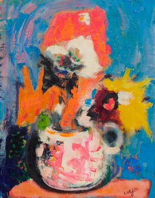 une peinture de fleurs dans un vase sur une table