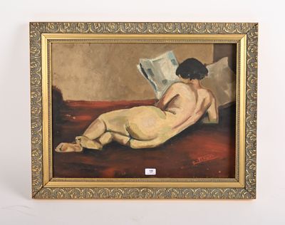 une peinture à l'huile représentant une femme nue en train de lire un livre sur un lit