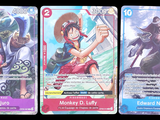 three cards of various characters are shown on a black background