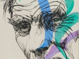 une image représentant le dessin du visage d'un homme, avec des lignes bleues, vertes et violettes