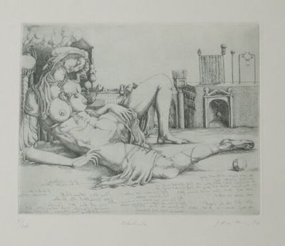 dessin représentant une femme allongée par terre, avec un homme en arrière-plan