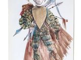 dessin représentant un homme vêtu d'un costume orné de plumes et de flèches