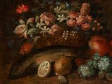 a painting of a fish and fruit on a table