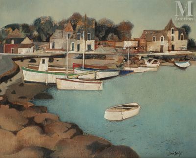 a painting of boats in a harbor with a church in the background