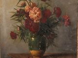 painting of a vase of flowers on a table with strawberries and strawberries