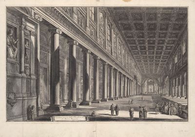 un vieux dessin représentant une grande pièce avec des colonnes et un plafond