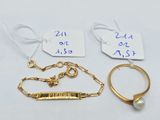 two gold rings, a bracelet, and a ring with a name tag