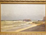un tableau représentant une scène de plage avec des vagues qui déferlent
