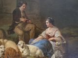 a painting of a man and a woman with sheep in a barn
