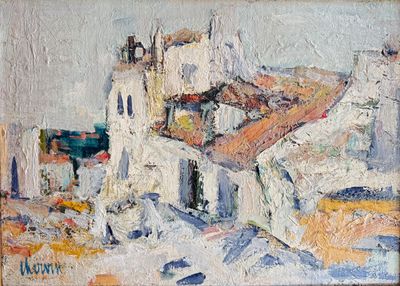 an oil painting of a white building with a red roof