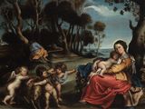 an image of a painting of a woman holding a child in a wooded area
