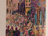 painting of a crowd of people walking down a street in a city