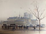 a painting of people walking in the rain with umbrellas