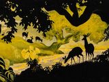 a painting of a deer and a deer in the woods