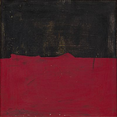 une peinture abstraite réalisée à la peinture noire et rouge sur un fond rouge