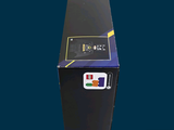 a black box with a yellow and blue logo on it