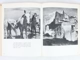 two black and white photos of a man and two horses
