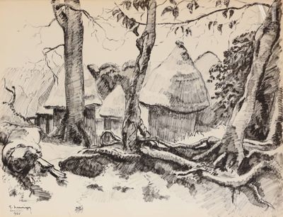 dessin représentant un village avec un toit de chaume et des arbres au premier plan