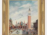 une peinture à l'huile représentant une place de ville avec une tour horloge en arrière-plan