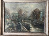 une peinture à l'huile représentant un bateau sur un plan d'eau, avec un pont en arrière-plan
