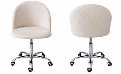 two white office chairs with wheels on a white background