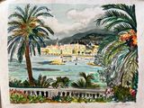 a painting of a view of a bay with palm trees