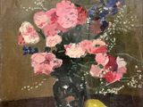 a painting of a vase with flowers and a lemon on a table